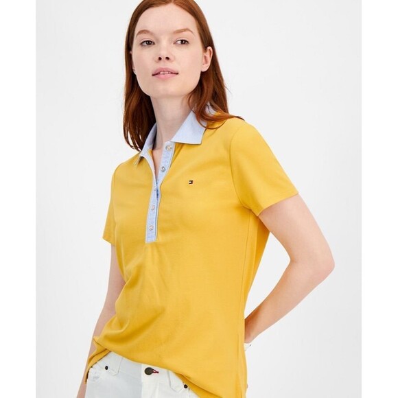 Tommy Hilfiger Women's Striped-Collar Polo Shirt Yellow XS - Picture 1 of 5